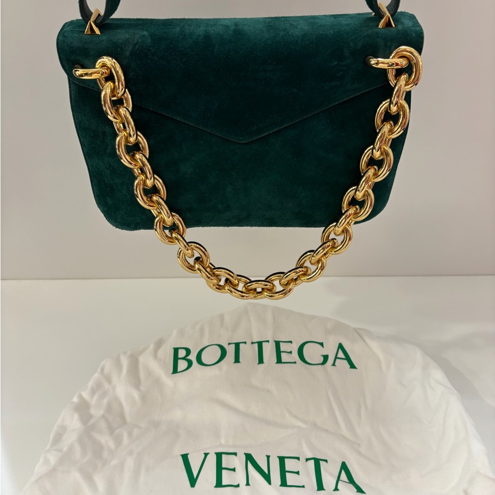 Bottega Veneta Dark Green Crossbody Bag with Gold Chain